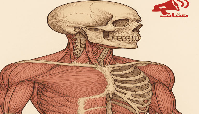 رسم تشريحي يُظهر عضلات وعظام الجزء العلوي من جسم الإنسان – حقائق غريبة عن جسم الإنسان